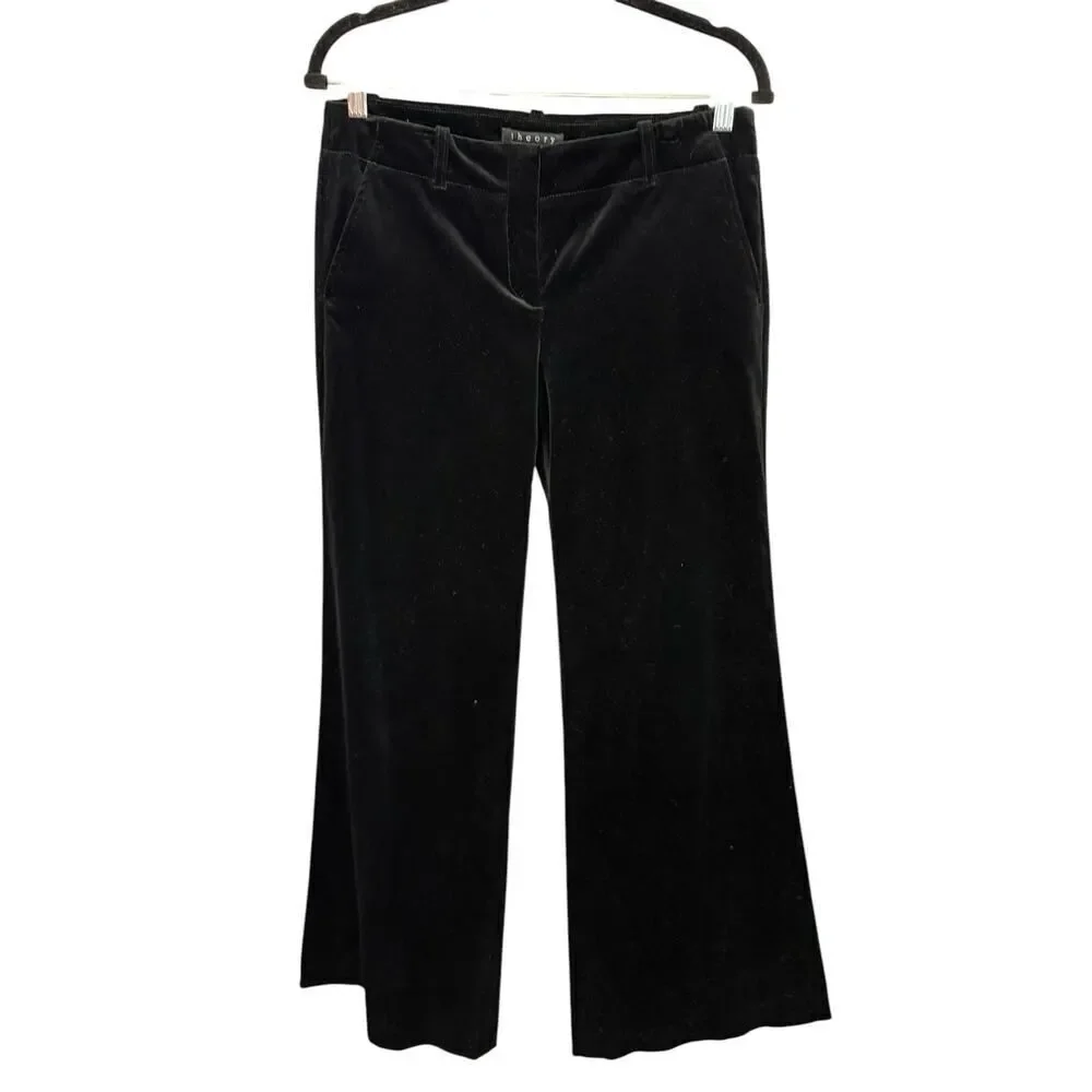 Theory Women’s Black Velvet Low Rise Wide Leg Pleated Pants Size 6